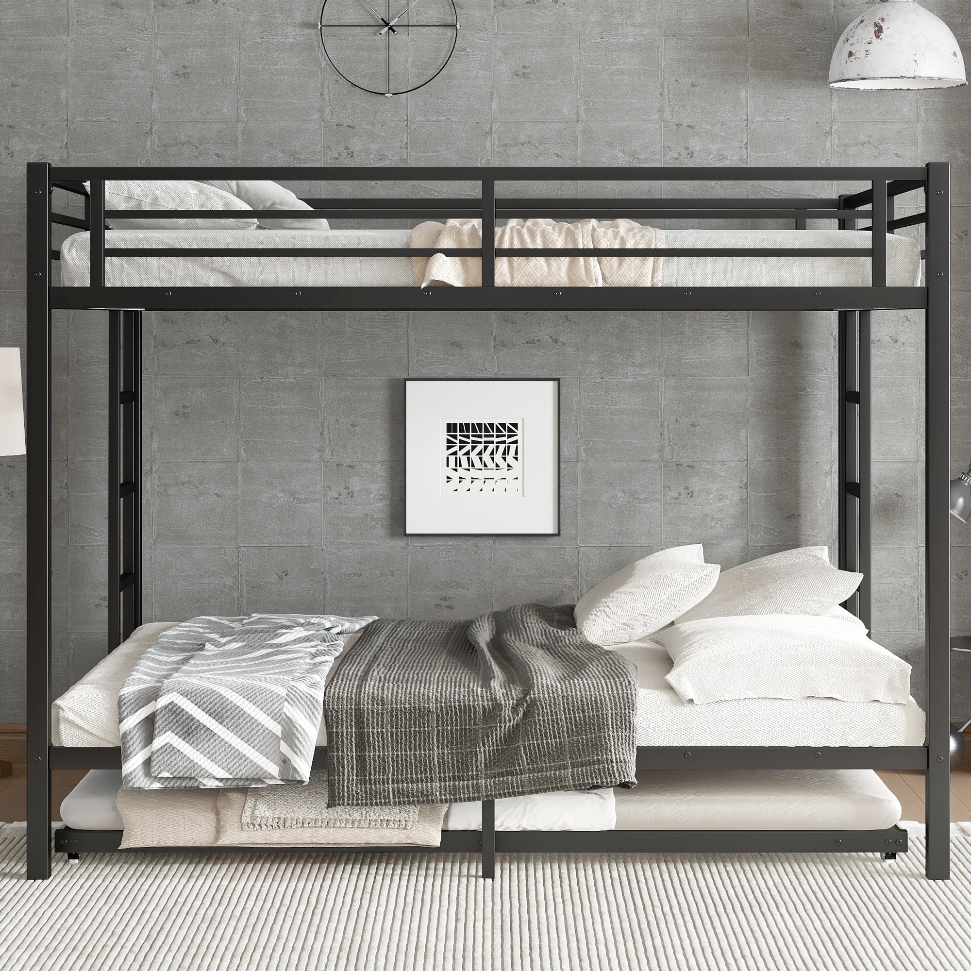 Leumius Queen over Queen Bunk Bed with Twin Size Trundle, Metal Bunk Bed for Kids and Teens, Black