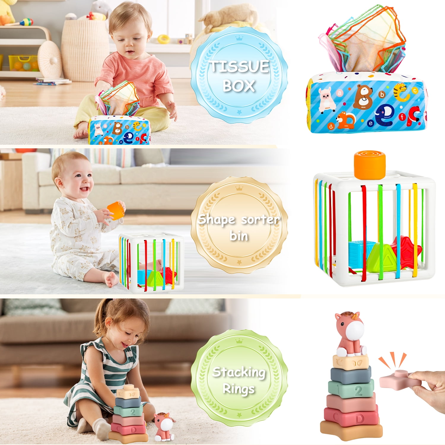 UQN Montessori Toys for 1 2 Year Old, 6 in 1 Baby Toys for 6-12-18 Months, Infant Sensory Toy Set , Shape Sorter and Activity Toys, Learning Gifts for Baby Boys Girls,Christmas Birthday Gift