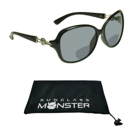 Sunglass Monster Womens Bifocal Sunglasses Reader with Sexy Oversized Black Frame with Silver Accent