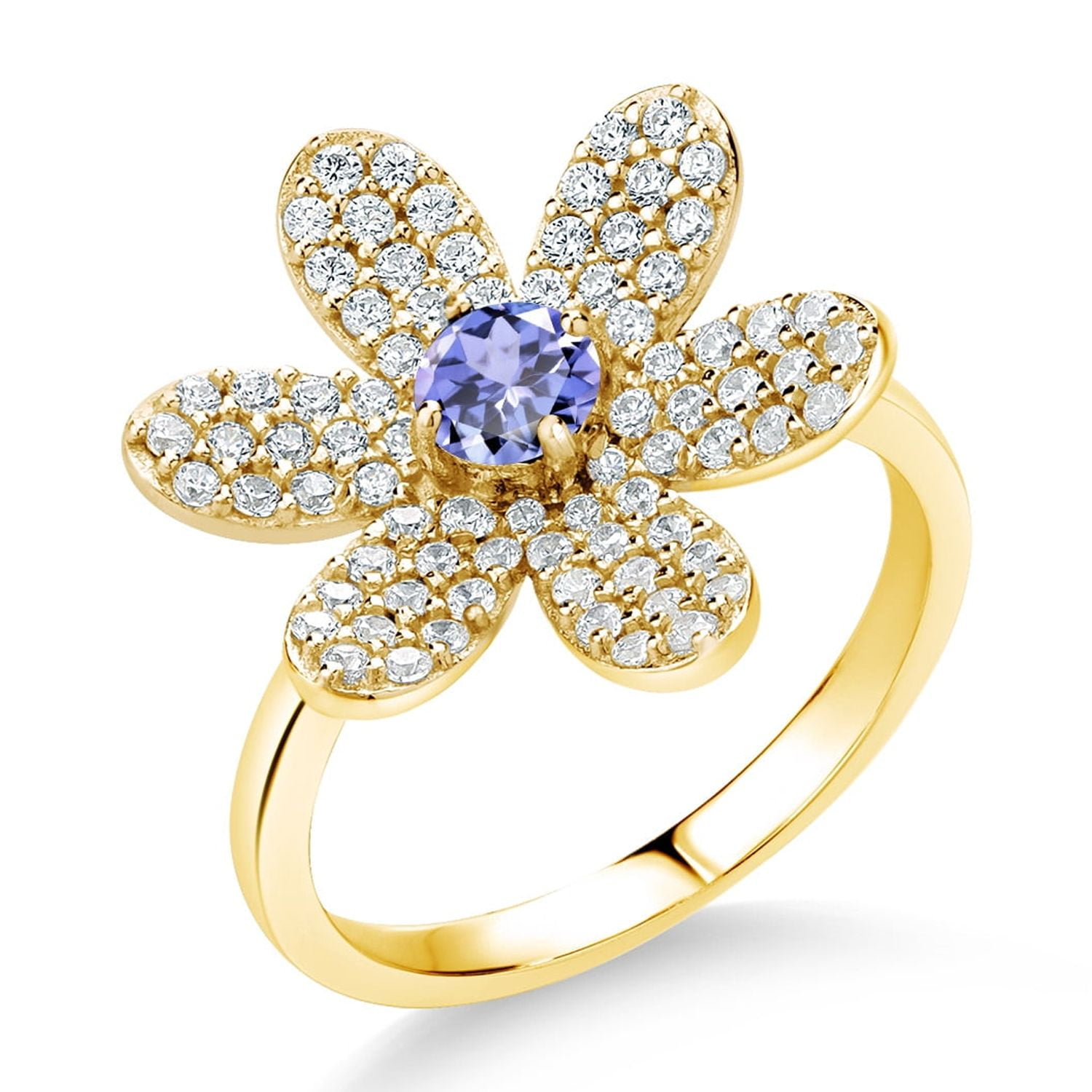 Gem Stone King Blue Tanzanite Keren Hanan ART 18K Yellow Gold Plated Silver Flower Ring for Women (1.28 Ct Round, Gemstone Birthstone, Available in Size 5, 6, 7, 8, 9)
