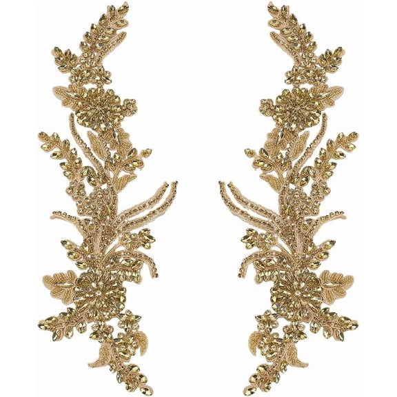 1 Pair Rhinestones Lace Applique 13x4.3x0.2 Inch Dark Goldenrod Handmade Floral Embroidery Beaded Lace Rhinestone Patch Sewing Beaded Applique for DIY Making