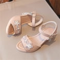 thumbnail image 5 of hoksml Little Girl Beige Black White Low Heel Sandals with Rhinestone Pearl Flowers and Ankle Strap, 5 of 6