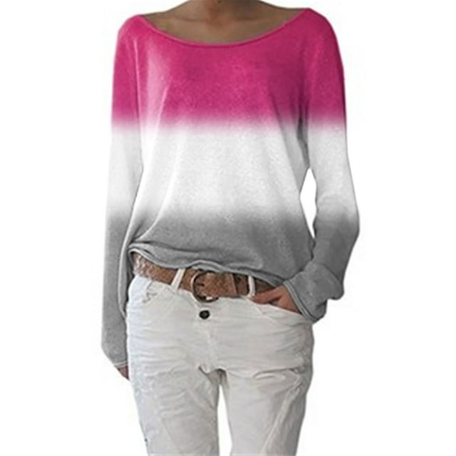 Off Shoulder Long Sleeve Top for Women Gradient Color T Shirt Color Block Patchwork Blouse Tee Shirt Plus Size