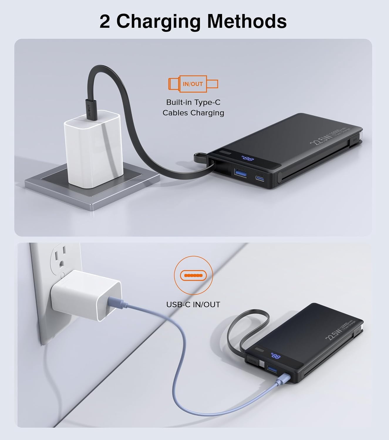 Power Bank with 2 Built-in Cables 10000mAh, 22.5W PD Slim Portable Charger USB C Battery Pack, Travel Essentials Fast Charging Powerbank Compatible with iPhone 17 16 15 14 Plus Pro Samsung iPad etc