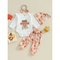 thumbnail image 2 of GXFC Preemie Girls Thanksgiving Outfits Clothes 3M 6M 9M 12M Infant Girls Long Sleeve Letter Print Romper+Turkey Print Pants+Headband 3Pcs Thanksgiving Day Clothing for Newborn Girls, 2 of 9