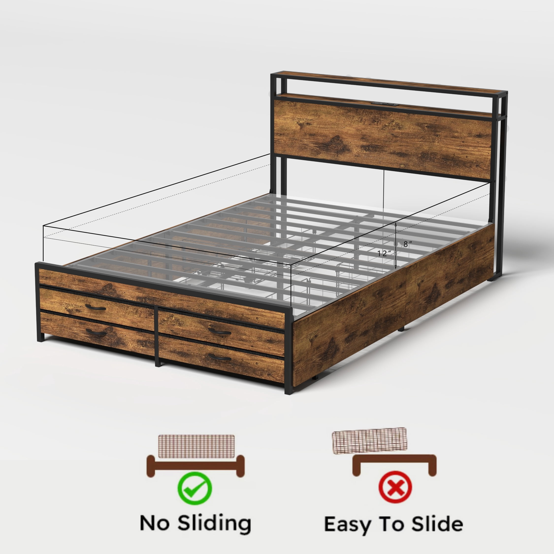 Miniyam Queen Size Bed with Storage Drawers, Charging Station for Adult, Brown