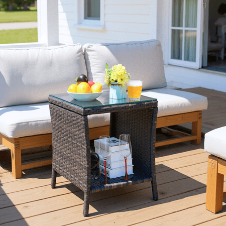 Homy Casa Outdoor Wicker Coffee Table with Tempered Glass Top Rattan Patio Side Table with Storage