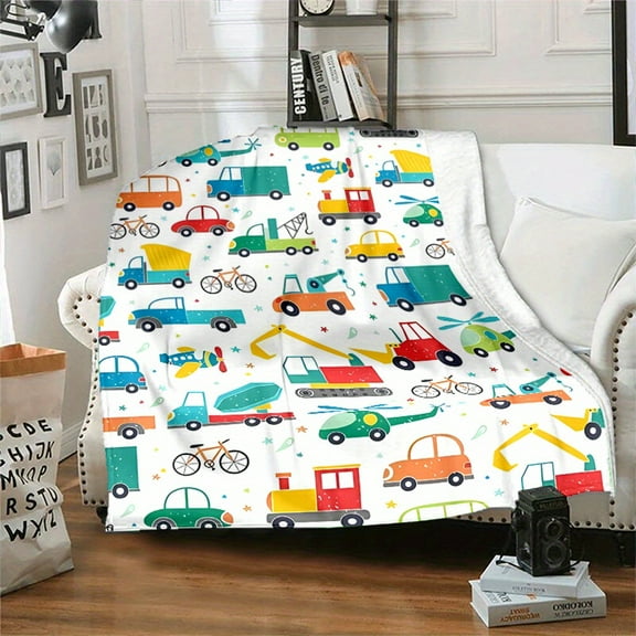 Cozy Cartoon Transportation-Themed Flannel Throw Blanket - Soft, Reversible, Machine Washable For Couch, Bed, Camping & Travel - Helicopter And Train Designs Available