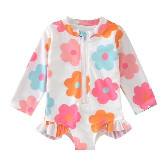 Toddler Swimsuit Girl Summer Rash Guard Long Sleeve Floral Prints Swimwear Beach Onesie Upf 50  Sun Protection Baby Bathing Suit,Orange