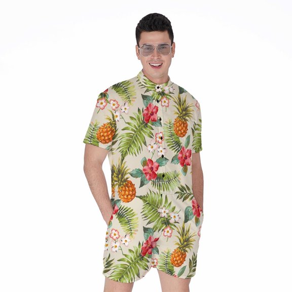 White Aloha Pineapple Pattern Short Sleeve Men'S Rompers, Pineapple Aloha Tropical Fruits Hawaiian Casual Summer Jumpsuits Outfit