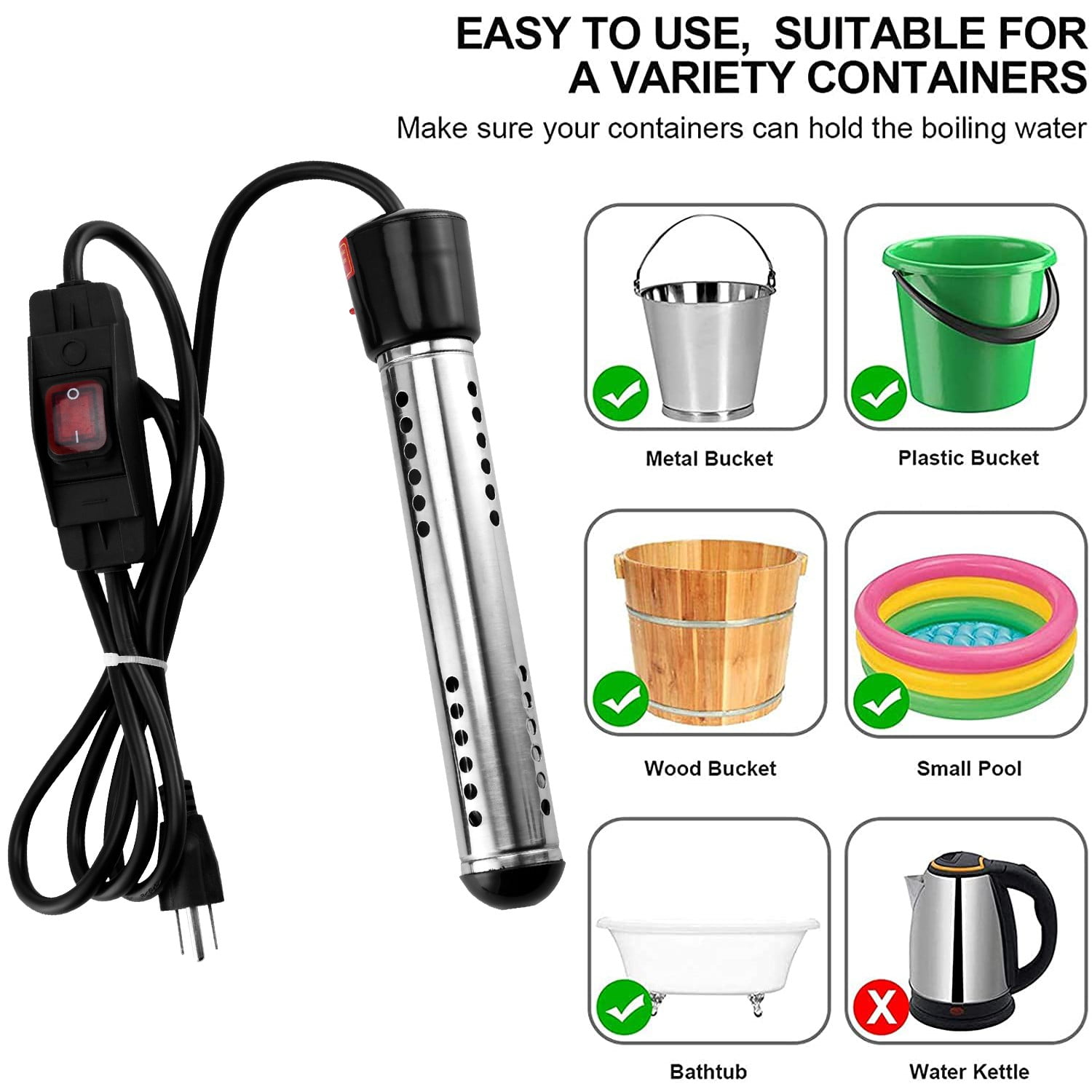 Immersion Water Heater,1500W Submersible Anti-scalding Bucket Heater with Full 304 Stainless-steel Guard,Rapid Heating in Minutes Black
