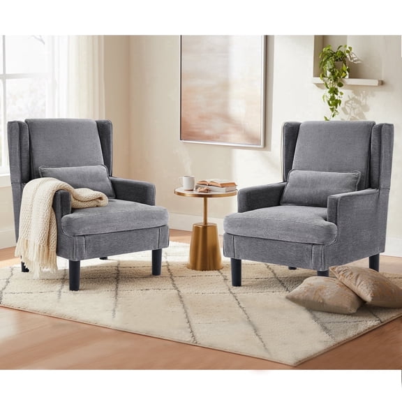 Modern Accent Chair for Living Room Chairs Upholstered Oversized Reading Chair Accent Chairs Set of 2 Living Room Chair Arm Chair with High Back and Wood Legs,Armchair Comfy Chair for Bedroom(Gray)