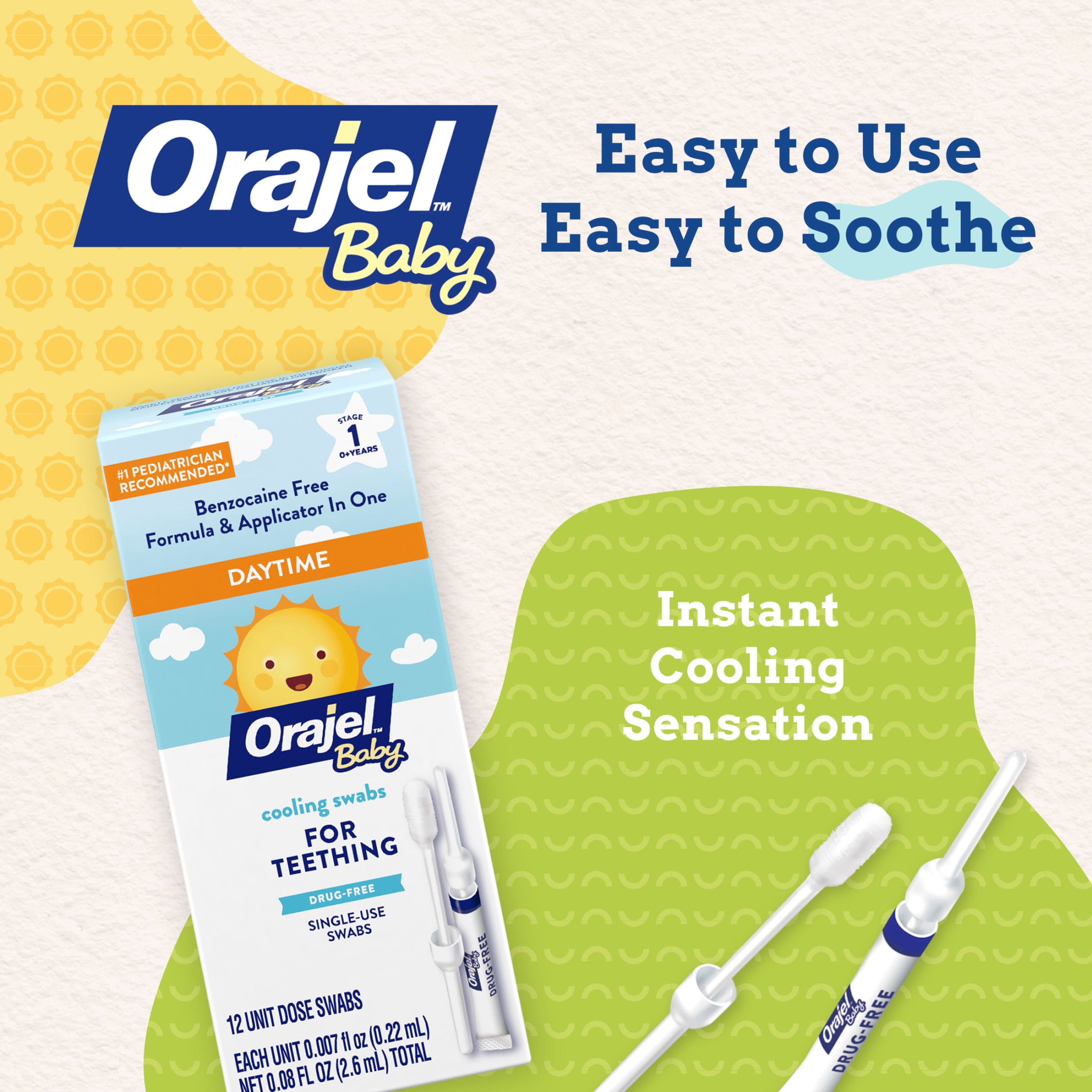 Orajel Baby Teething Cooling Swabs, Daytime, for Relief of Painful Swollen Gums, Drug-Free, 12 Swabs