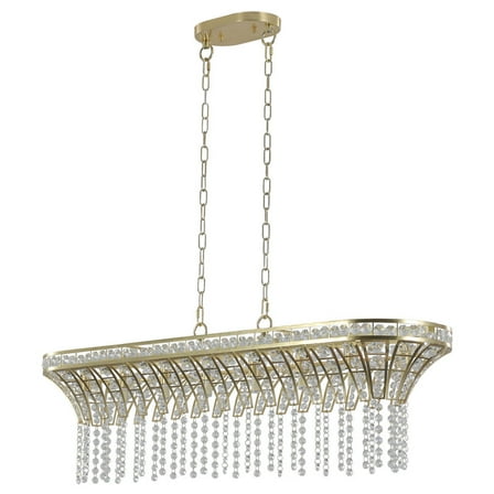 39" Modern Crystal Rectangle Chandelier, Gold Finish Linear Pendant Light with Cascading Beads for Dining Room, Living Room, or Foyer (Bulbs Not Included)