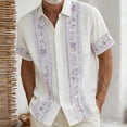 thumbnail image 2 of FINALGANG Mens Floral Striped Print Short Sleeve Button Down Collared Shirt Casual Loose Fit Shirt For Beach Vacation Daily Streetwear Light Purple XL, 2 of 3