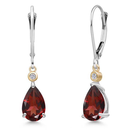 Gem Stone King 925 Silver and 10K Yellow Gold Red Garnet and Lab Grown Diamond Dangle Earrings for Women | 2.86 Cttw | Gemstone January Birthstone | Pear Shape 9X6MM