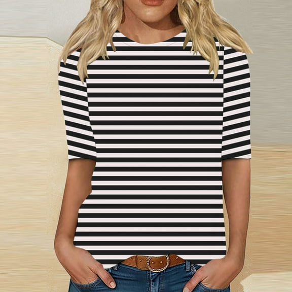 Fengqque Womens Striped Print Crew Neck 3/4 Sleeve Loose Waist-cinching Tops Basic Button T-Shirts Pullover White XL(XL)