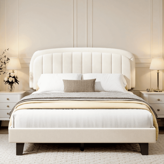 Cozy Castle Full Size Upholstered Platform Bed Frame - Velvet Adjustable Curved Headboard, Strong Wooden Slats Mattress Foundation, No Box Spring Needed, Easy Assembly, Cream