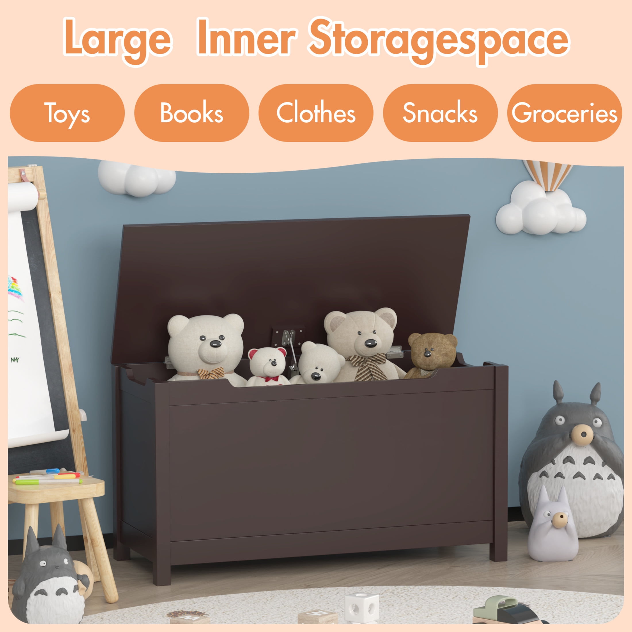 Noble House Thalhill 31.5" Kids Wooden Toy Box, Safety Hinged Lid Storage Chest Bench, Toy Organizer Kid Room, Coffee