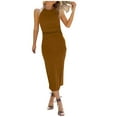 thumbnail image 1 of Bigersell Women Casual Sleeveless Tank Midi Dresses Fashion Women Summer Casual Solid Round-Neck Halter Sleeveless Long Dress Tall A-Line Dress Style 24688, Female Mini Short Dresses Brown L, 1 of 9