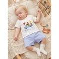 thumbnail image 6 of BemeyourBBs Toddler Baby Boy Birthday Outfit 6 12 18 24 Months 2 3 4 Years Baby Boy Summer Clothes Cute Animals Dinosaurs Embroidery Short Sleeve T Shirt Tops with Striped Pockets Shorts 2Pcs Set, 6 of 7
