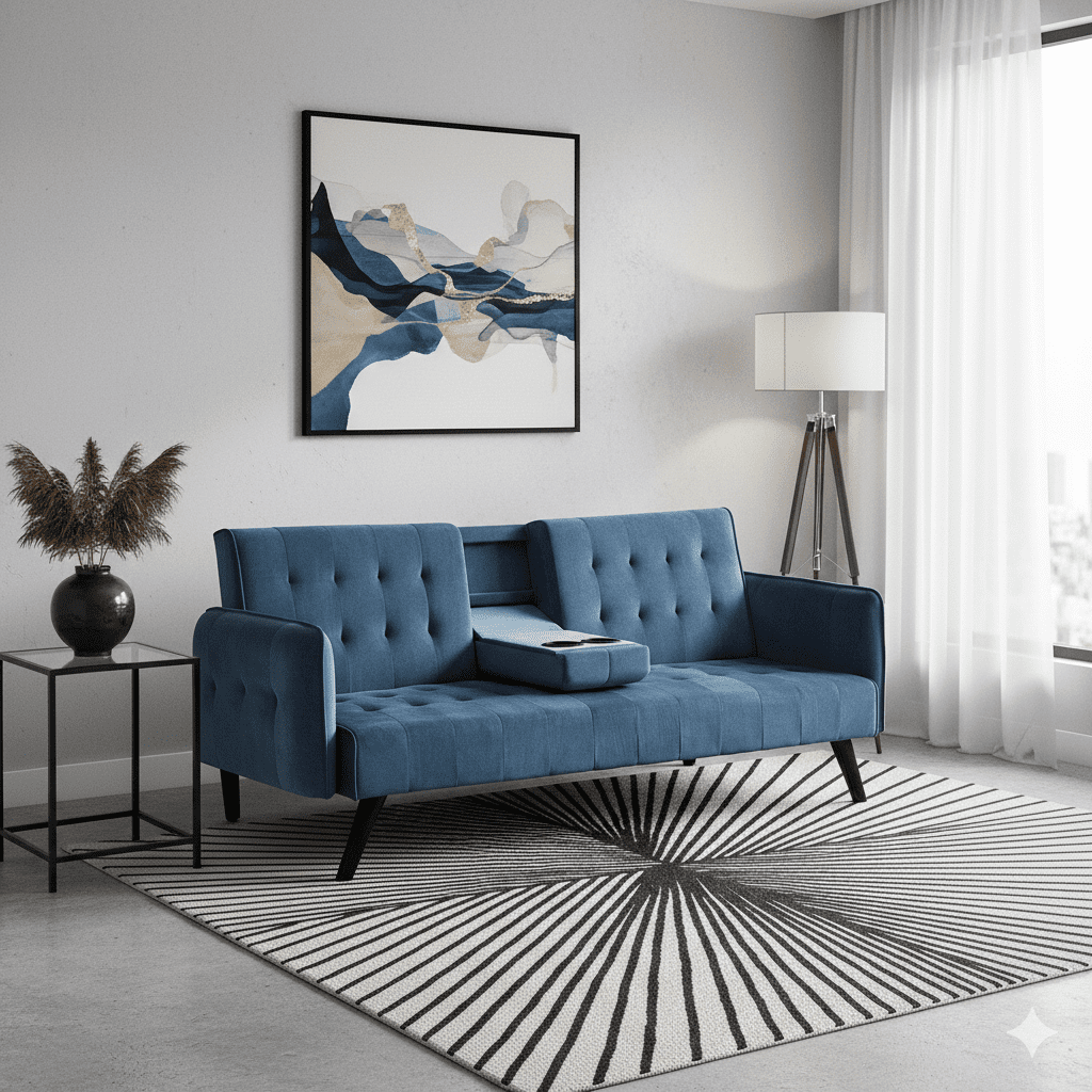 Gewnee 72" Convertible Sofa Bed,Tufted Velvet 3‑Seater Folding Futon Sleeper Couch with Cup Holders,Modern Couch for Home and Guest Room，Blue