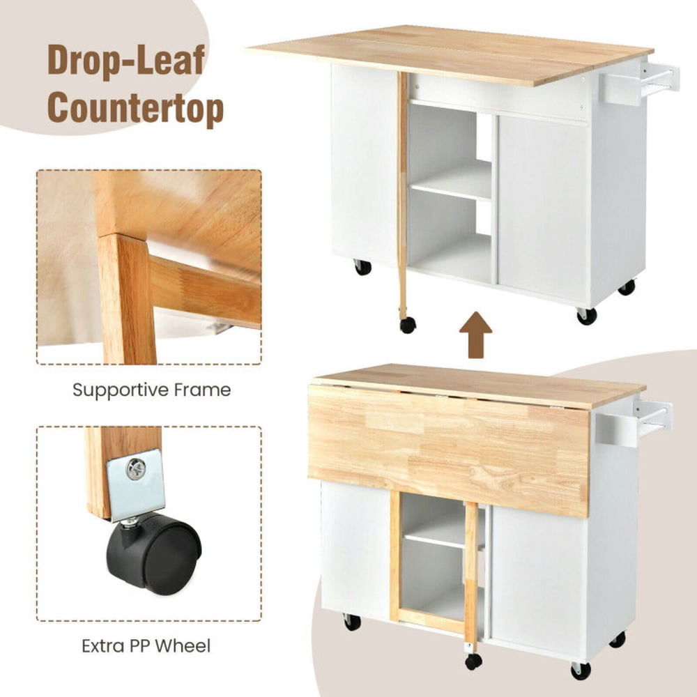 Finihen Rolling Storage Cabinet Cart, Kitchen Island Cart, Drop-Leaf Kitchen Island with Rubber Wood Top, for Kitchen, Dining Room, White Finihen Rolling Storage Cabinet Cart, Kitchen Island Cart, Drop-Leaf Kitchen Island with Rubber Wood Top, for Kitchen, Dining Room, White