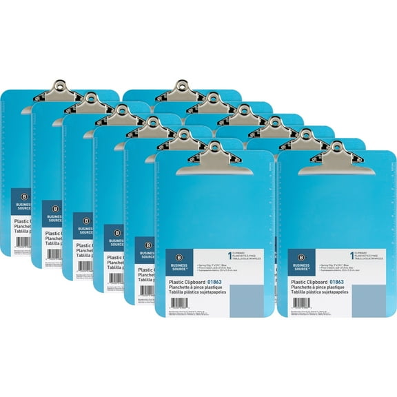 Business Source, BSN01863BX, Spring Clip Plastic Clipboard, 12 / Box, Blue