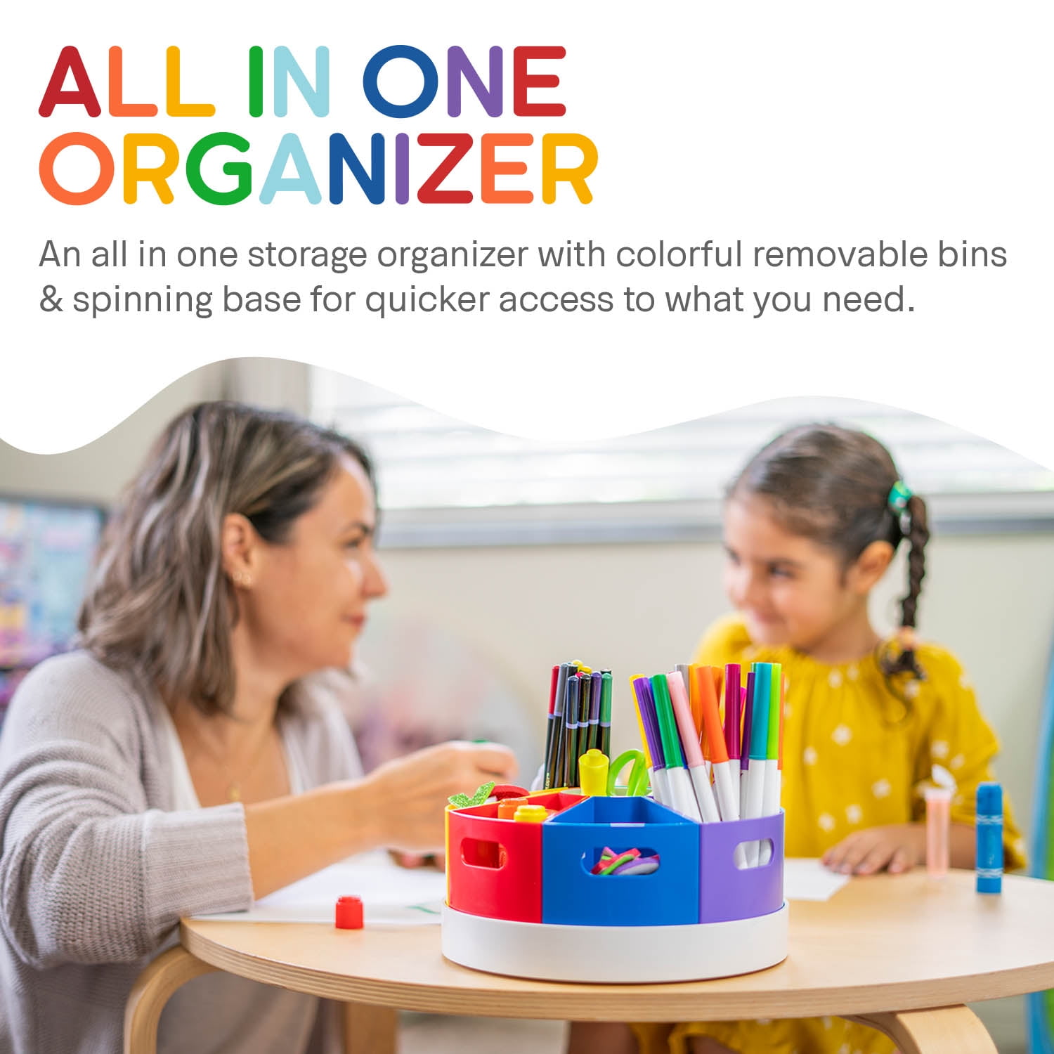 Crayon Organizer for Kids with Removable Dividers - Lazy Susan School Art Supplies Caddy , Markers & Pencils Holder , Rotating Kids Desk Organizer Storage Rainbow Color