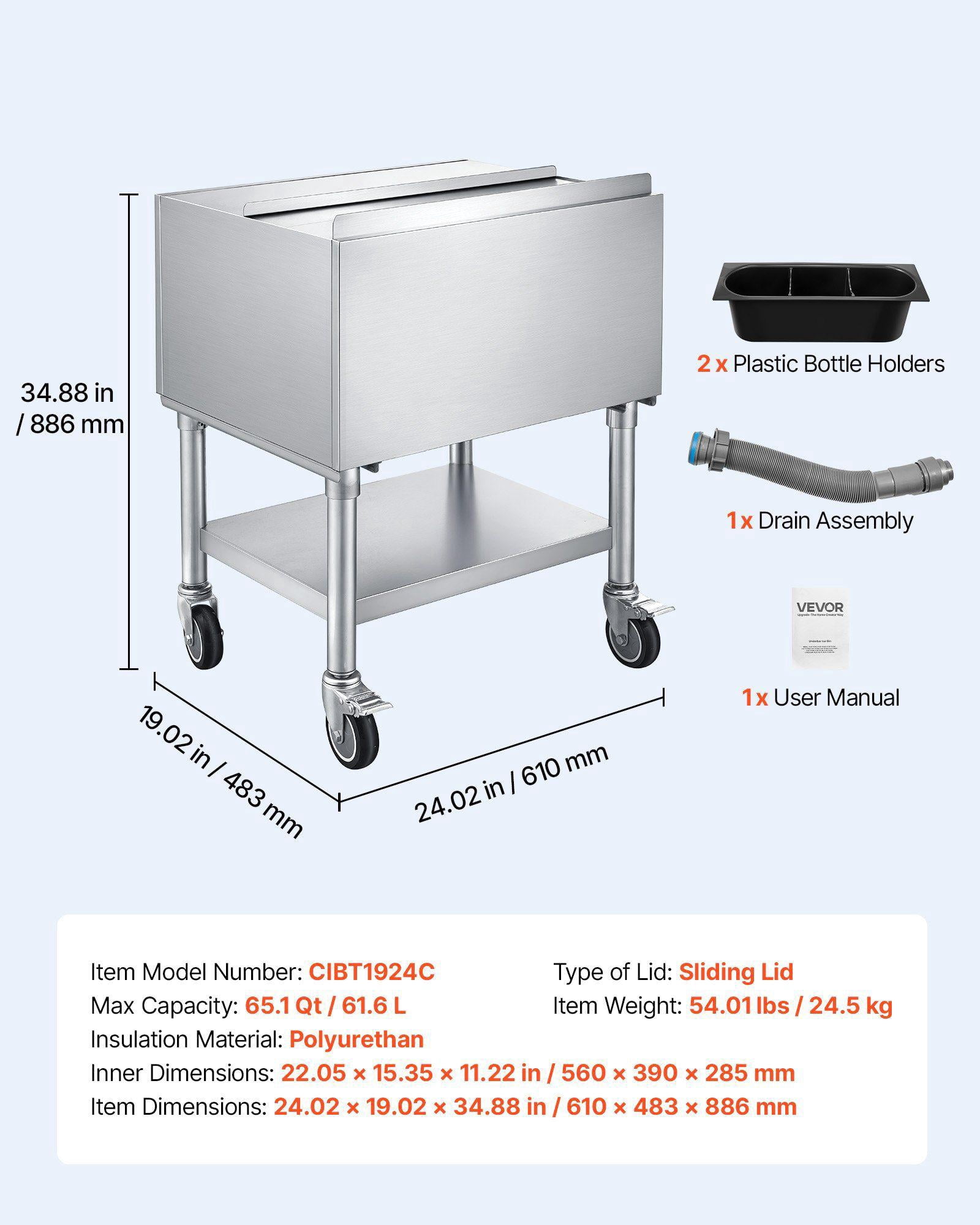 65.1 Qt Stainless Steel Ice Chest with Sliding Lid Bottle Holders NSF Certified Commercial Cooler Cart for Bar Restaurant Pub