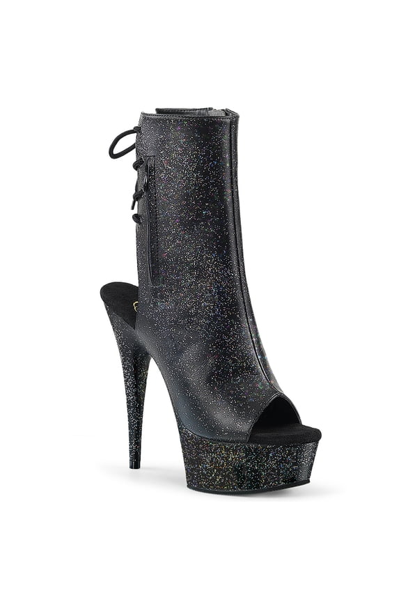 6" heel, 1 3/4" pf open toe/heel ankle boot, side zip - blk faux leather/blk matte, 8