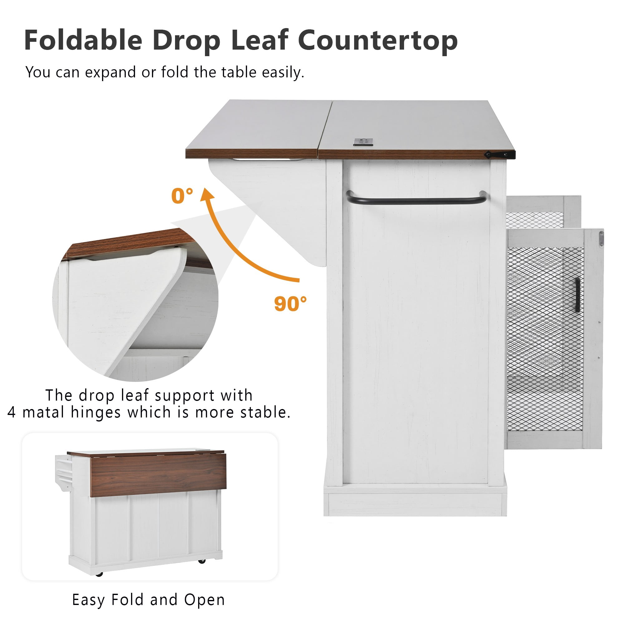 Mintazer 58" Farmhouse Kitchen Island Cart with Single Drop Leaf & Power Outlet, Rolling Kitchen Island Table with Sliding Barn Doors, 3 Drawers & Side Spice Towel Racks for Kitchen, White