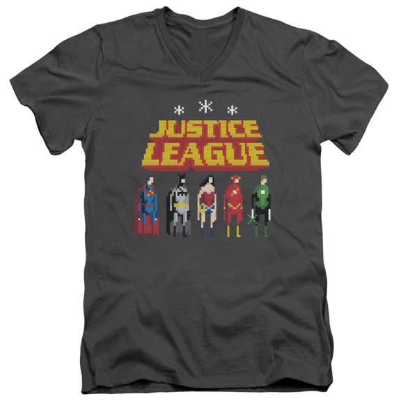 JLA Justice League Standing Below S/S Adult V-Neck 30/1 T-Shirt Charcoal