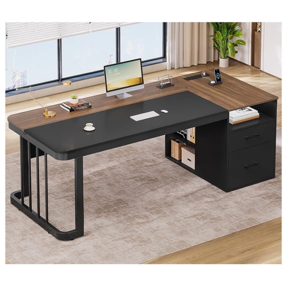 70.9" Executive Desk with Power Outlet, Large Office Desk with Drawers & Lateral File Cabinet, Long Computer Desk with Adjustable Storage Shelves, Modern Workstation Business Furniture (Walnut)