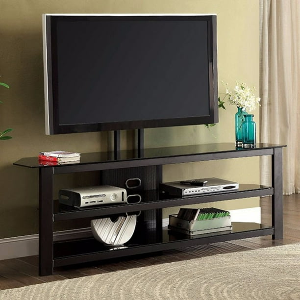 Stunning 72" TV Wooden Stand With Black Tempered Glass, Black Walmart