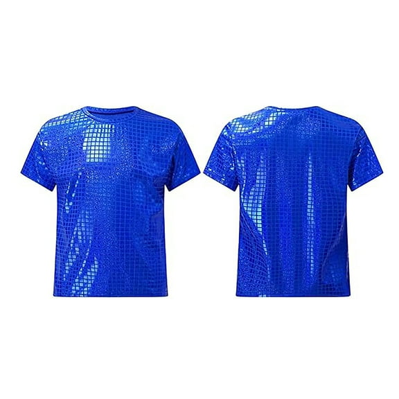Boys Graphic T Shirt Square Plaid Bling Sequin Shiny Short Sleeve Top For Performance Outfit Blue 2-3 Years