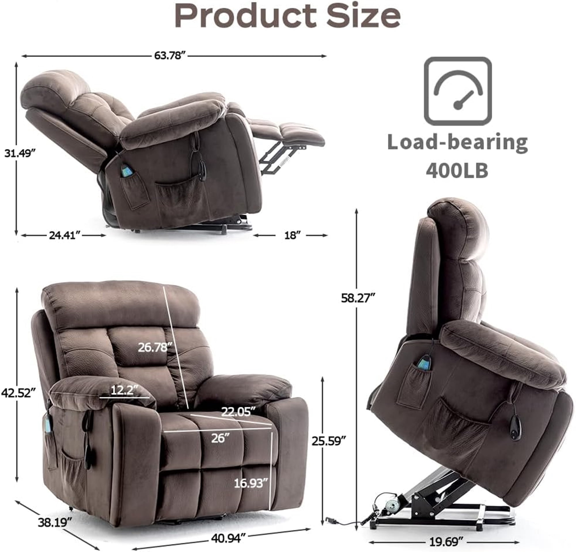 LITVZ 26in Extra Wide Recliner for Big Man 400lbs, Oversized Power Lift Chair with Heat and Massage for Elderly