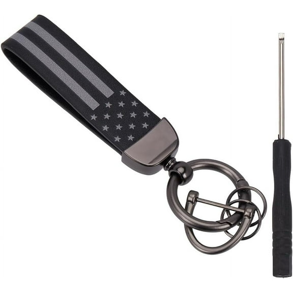 Keychain Wristlet American USA Flag Car Key Chain PU Leather 360 Degrees Rotatable Universal Wrist Keychains Holder and Anti-Lost D Ring with Screwdriver for Keys Gunmetal diy