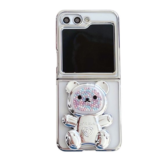 Compatible with Samsung Galaxy Z Flip 5 Cute Case with Kickstand Cartoon Plating Shockproof Girly Case-Silver