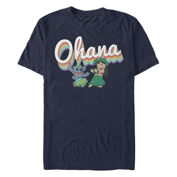 Men's Lilo & Stitch Rainbow Ohana Hula Dance Graphic Tee Navy Blue Medium