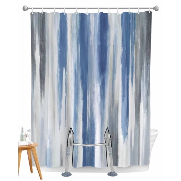 Split Shower Curtain for Transfer Bench, Blue Gray Fabric Shower Curtains for Bathroom, Modern Simple Abstract White Ombre Texture Tub Sliding Transfer Bench Waterproof Bath Curtains 72"x96"