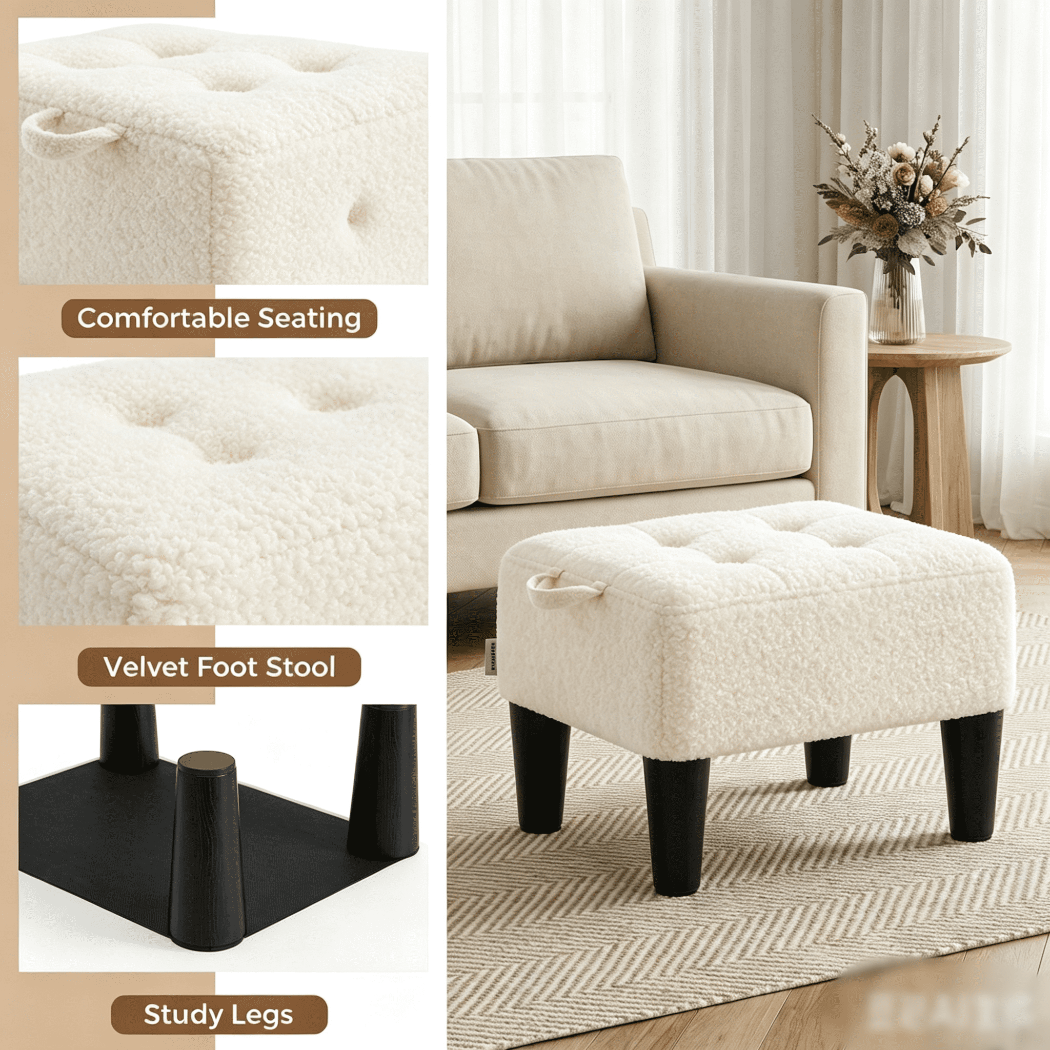 Ledrem Small Ottoman Foot Stool with Thick Cushion and Sturdy Angled Legs, White
