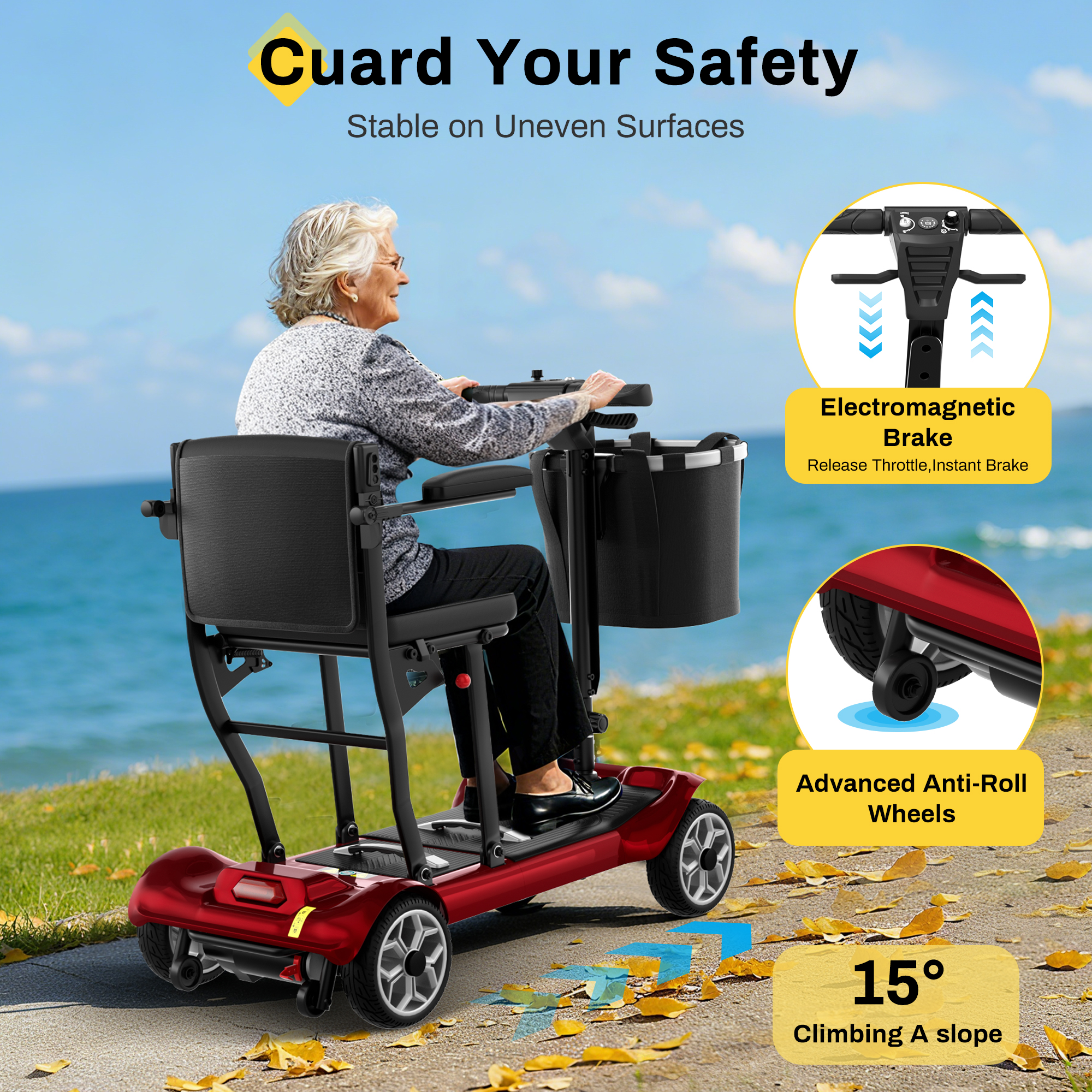 COOLHUT Ultra Lightweight 4 Wheel Mobility Scooter for Seniors (only 50lbs), 25+ Miles Travel Dual Battery Mobility Scooters, Aluminum Electric Folding Wheelchair Device, Red