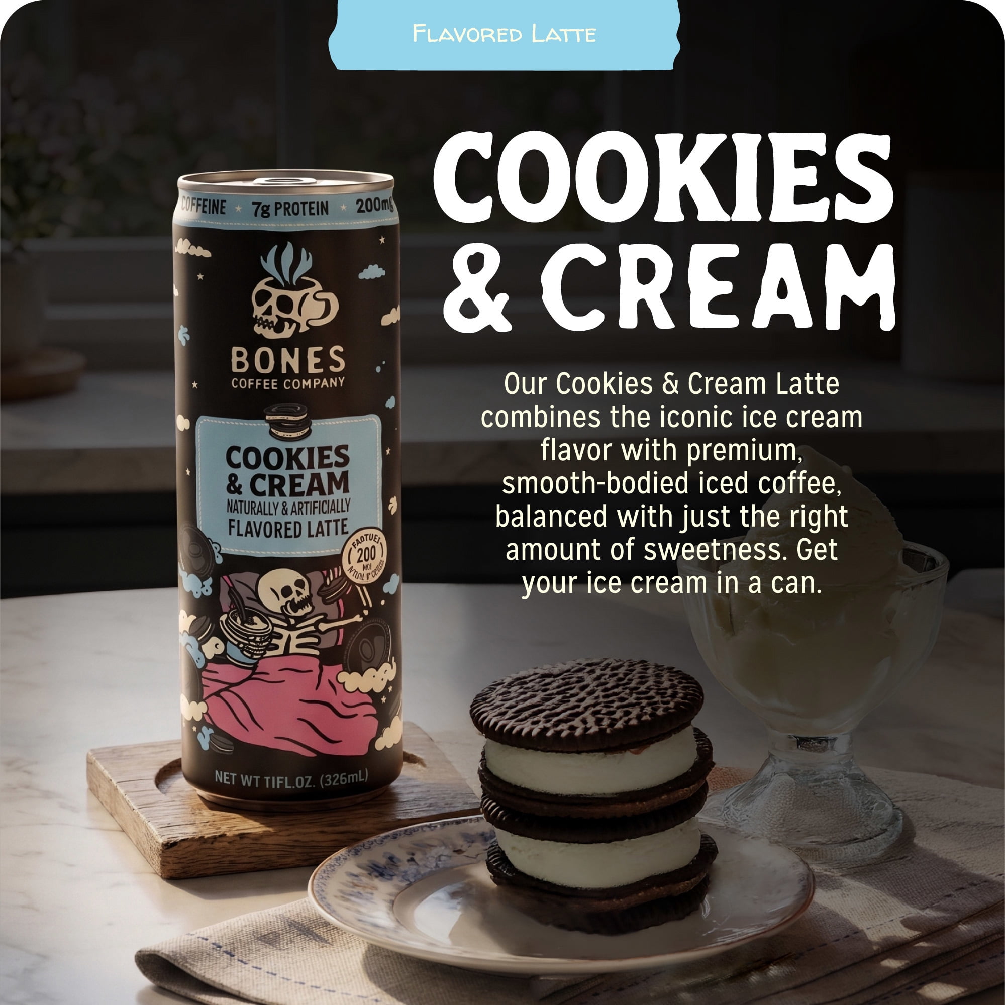(4 pack) Bones Coffee Company Cookies & Cream Flavored Iced Coffee Latte, Ready To Drink Canned Coffee, 11 fl. oz. Can