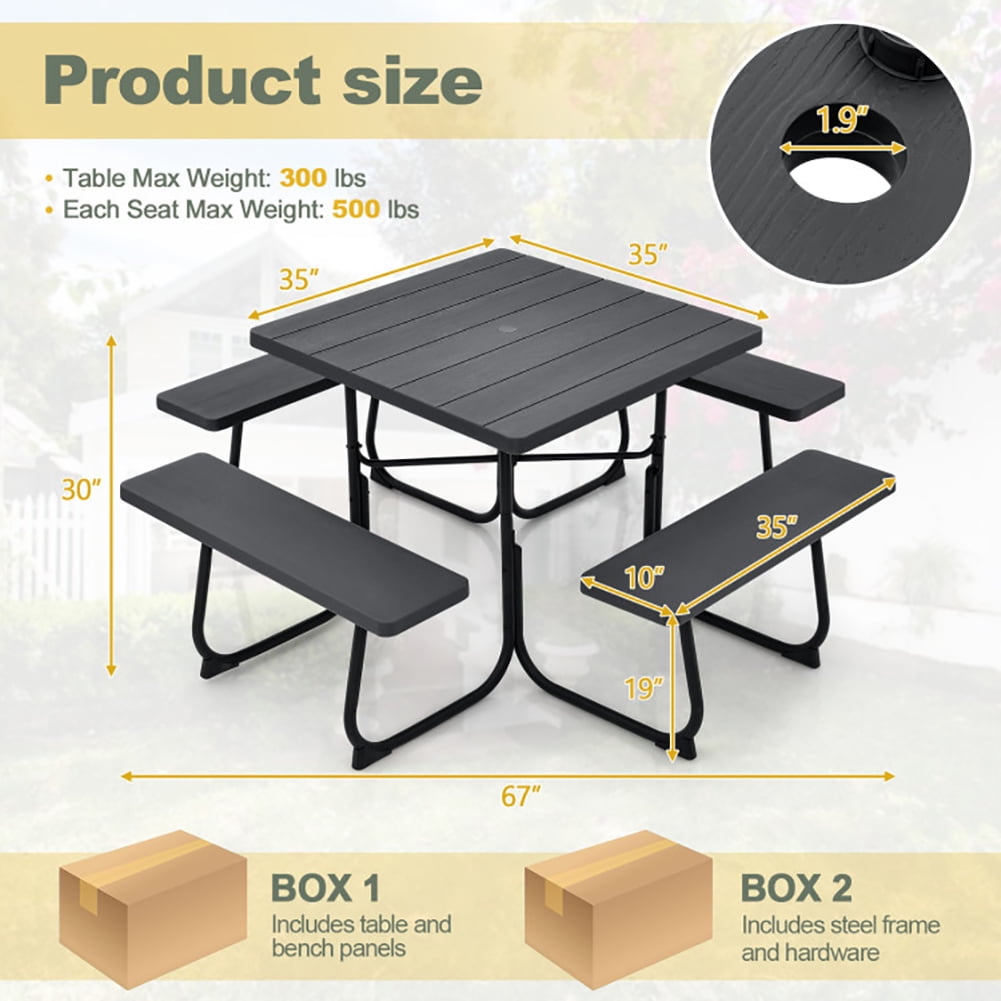 Aimee Lii Outdoor Picnic Table with 4 Benches and Umbrella Hole, Outdoor Patio Furniture, Black