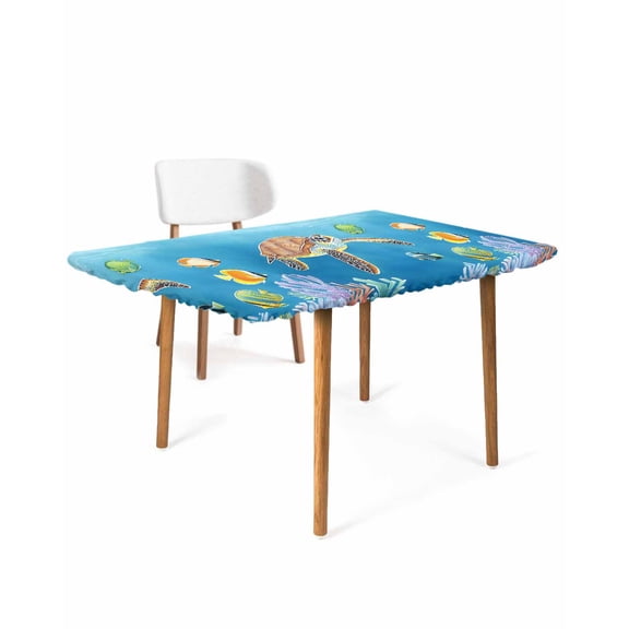 Sea Turtle Coastal Rectangle Tablecloth, Waterproof Elastic Fitted Table Covers for 4 Foot Tables, 24x50inch Decorative Tablecloths for Picnic, Camping, Indoor, Outdoor, Cartoon Ocean Nautical