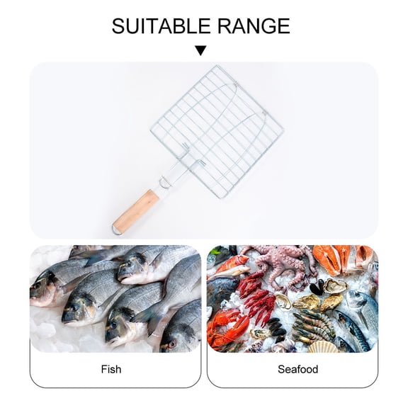 Raindrops BBQ Fish Basket Iron Wire Grill Basket with Wooden Handle for Outdoor Grilling and Kitchen Use
