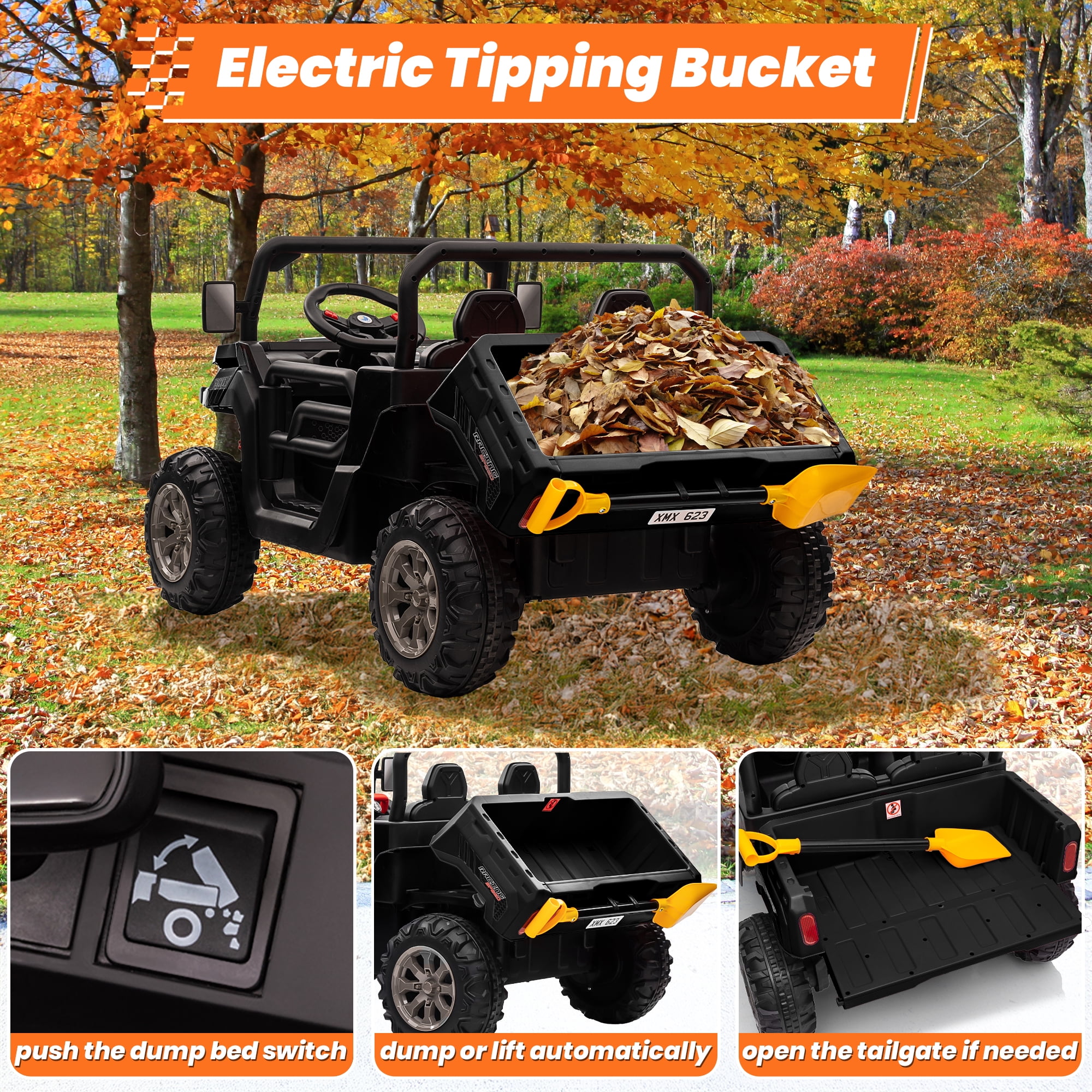 Joyracer 24 Volt Ride on Toys, 4WD Ride on Dump Truck for Kids, 2 Seater Ride on Car with Remote, Electric Power Car Wheels Toys with Trailer & Shovel, MP3/Bluetooth Music, Black