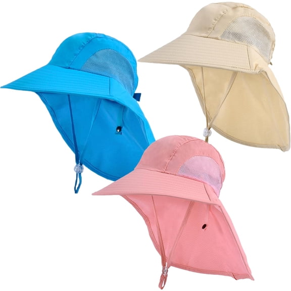 3 Pieces Kids Sun Hats with Neck Flap UV Protection Fishing Hat Unisex Children Wide Brim Beach Hat for Age 2-14