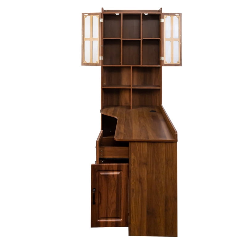 L-Shaped Corner Computer Desk with Cabinets and 1 Drawer, Office Desk with Bookshelf and Hutch, Writing Table Large Workstation with Open Shelves